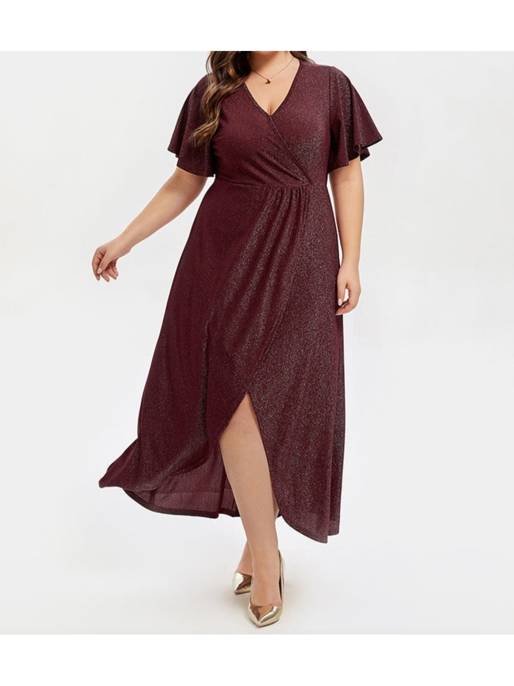 Plus Size Glitter Wrap Midi Dress in Wine NWT